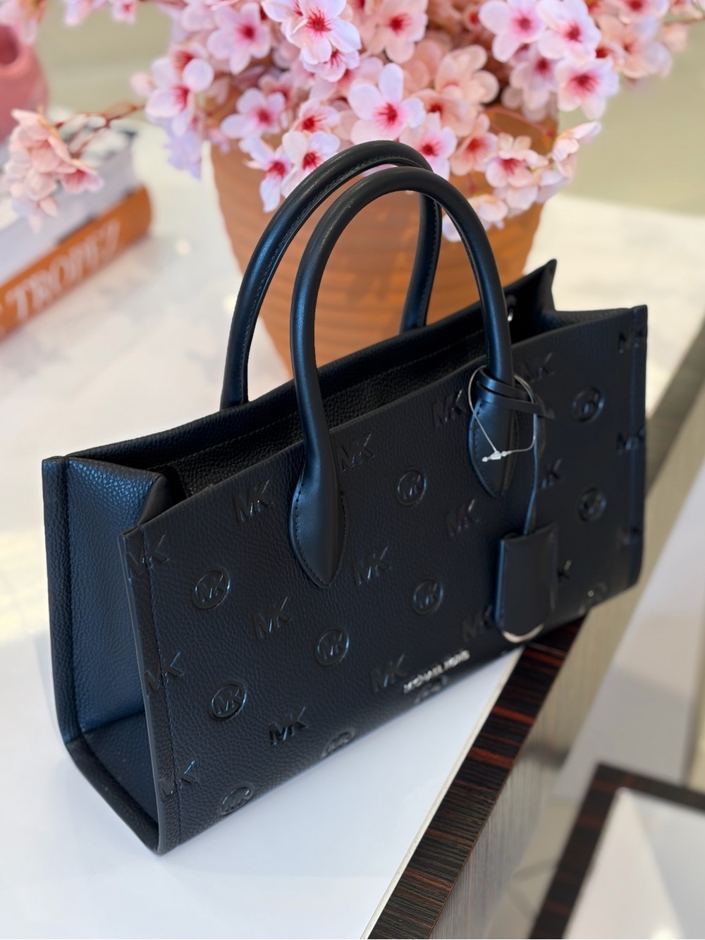 Michael Kors Mirella Medium Logo Debossed Satchel Black - Picture 2 of 12